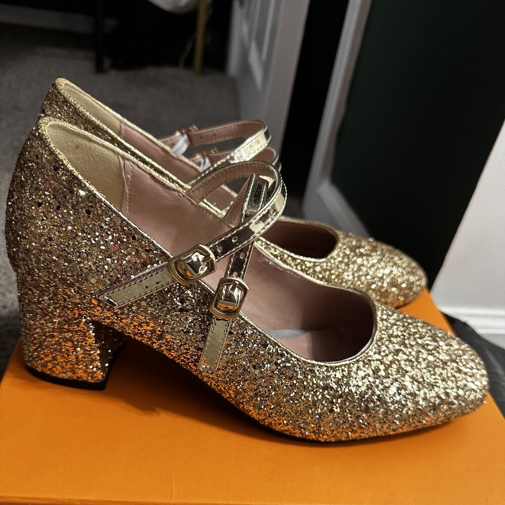 US Size 13 EU 45 Gold glitter Mary Jane Block Heels
